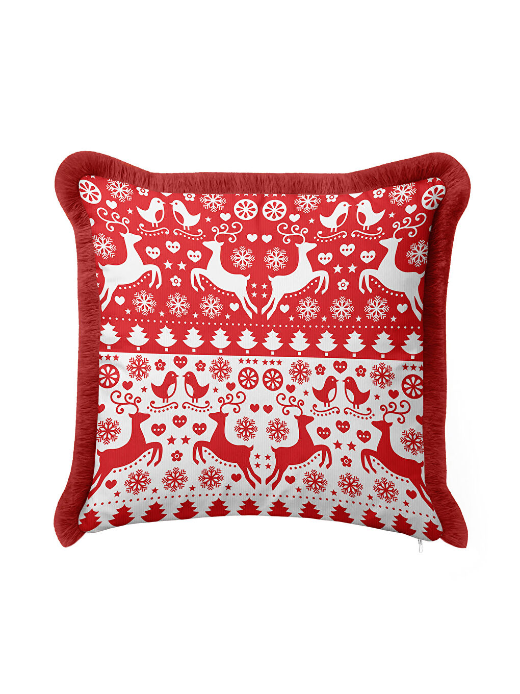 Karışık Nordik Kış Motifli Saçaklı Yastık Kılıfı - Yeni Yıl Temalı Kırmızı Beyaz Püsküllü Kırlent Kılıfı-1