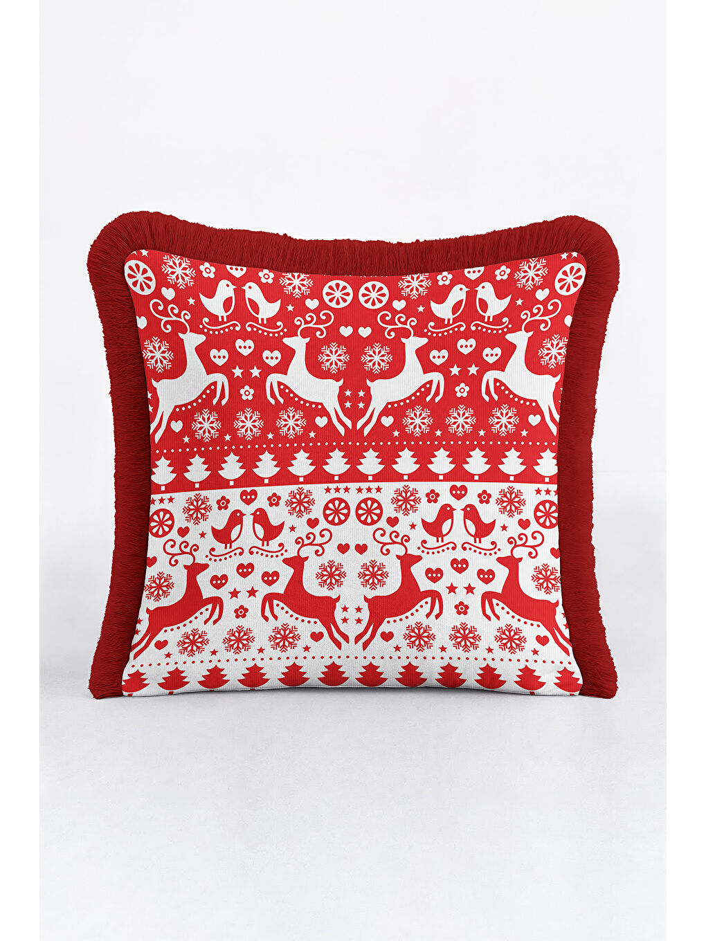 Karışık Nordik Kış Motifli Saçaklı Yastık Kılıfı - Yeni Yıl Temalı Kırmızı Beyaz Püsküllü Kırlent Kılıfı-2