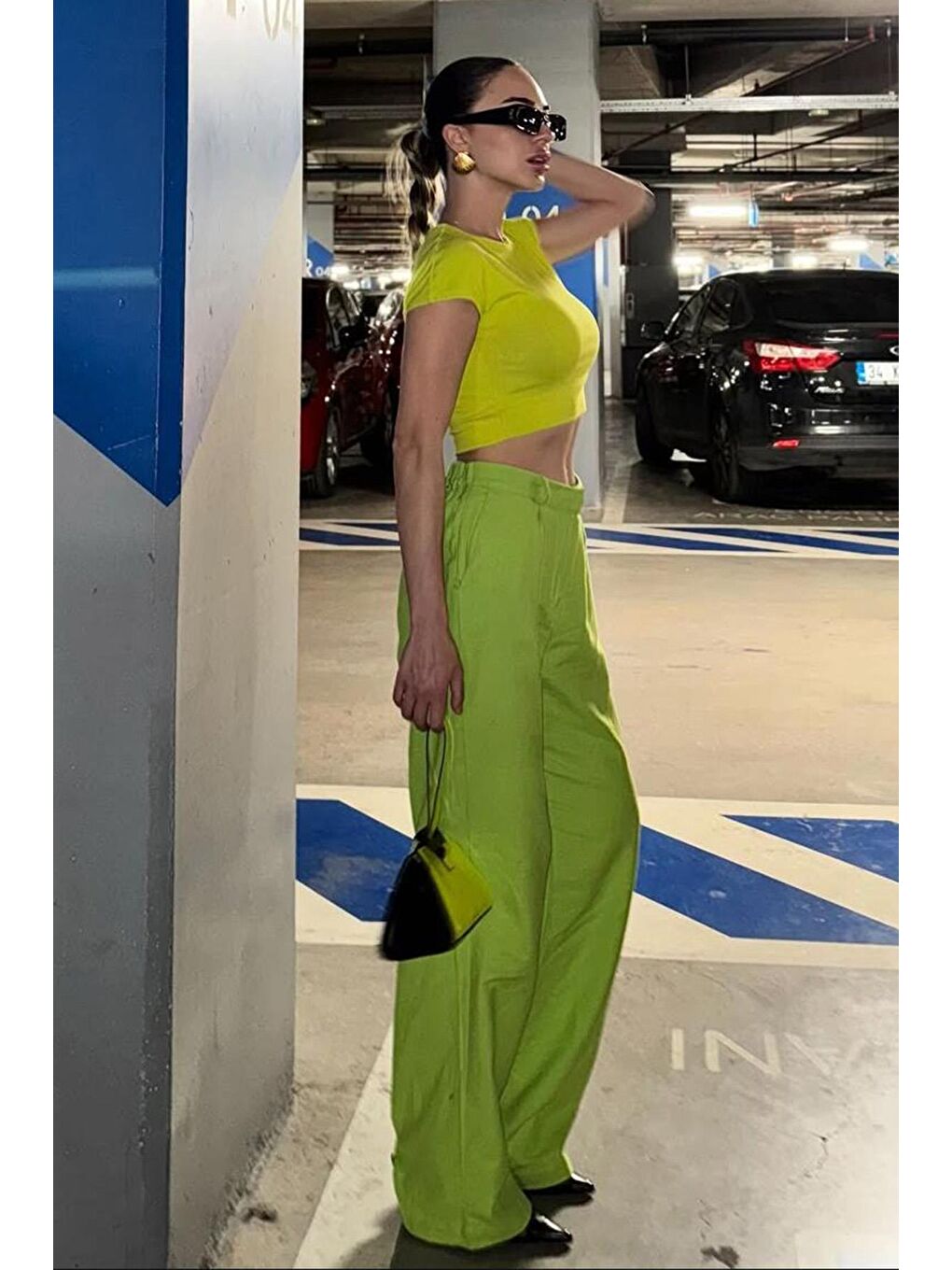 Yeşil Kemerli Bol Paça Kadın Pantolon Mg2021-3