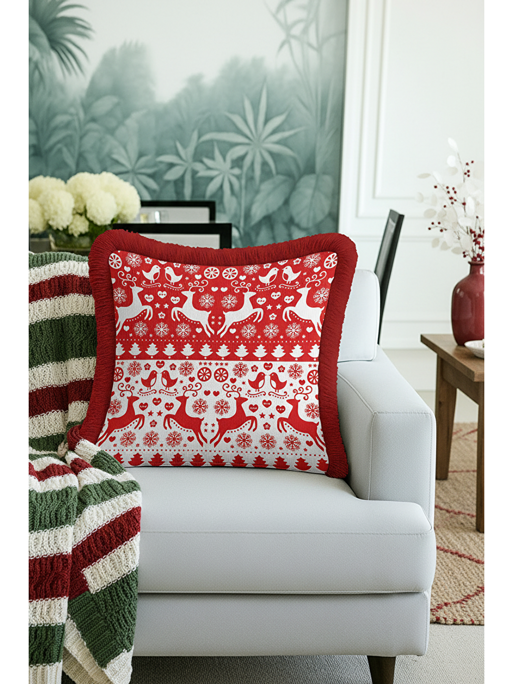 Karışık Nordik Kış Motifli Saçaklı Yastık Kılıfı - Yeni Yıl Temalı Kırmızı Beyaz Püsküllü Kırlent Kılıfı-3