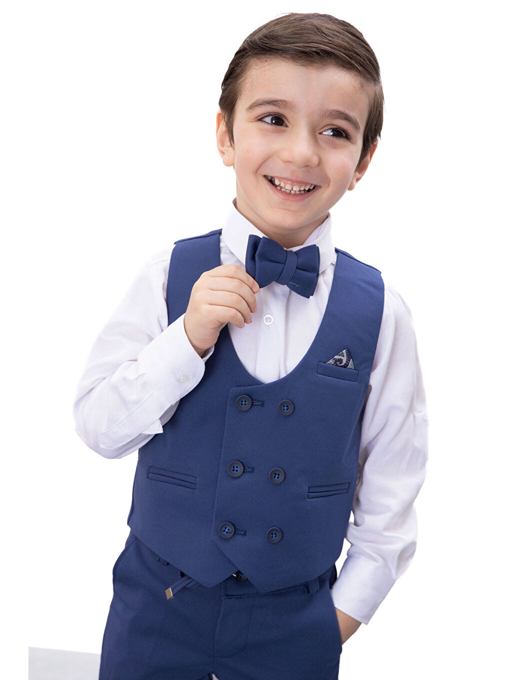 Mavi Düğmeli Yelekli Papyonlu Gömlekli Erkek Çocuk 4lü Takım Elbise 20546