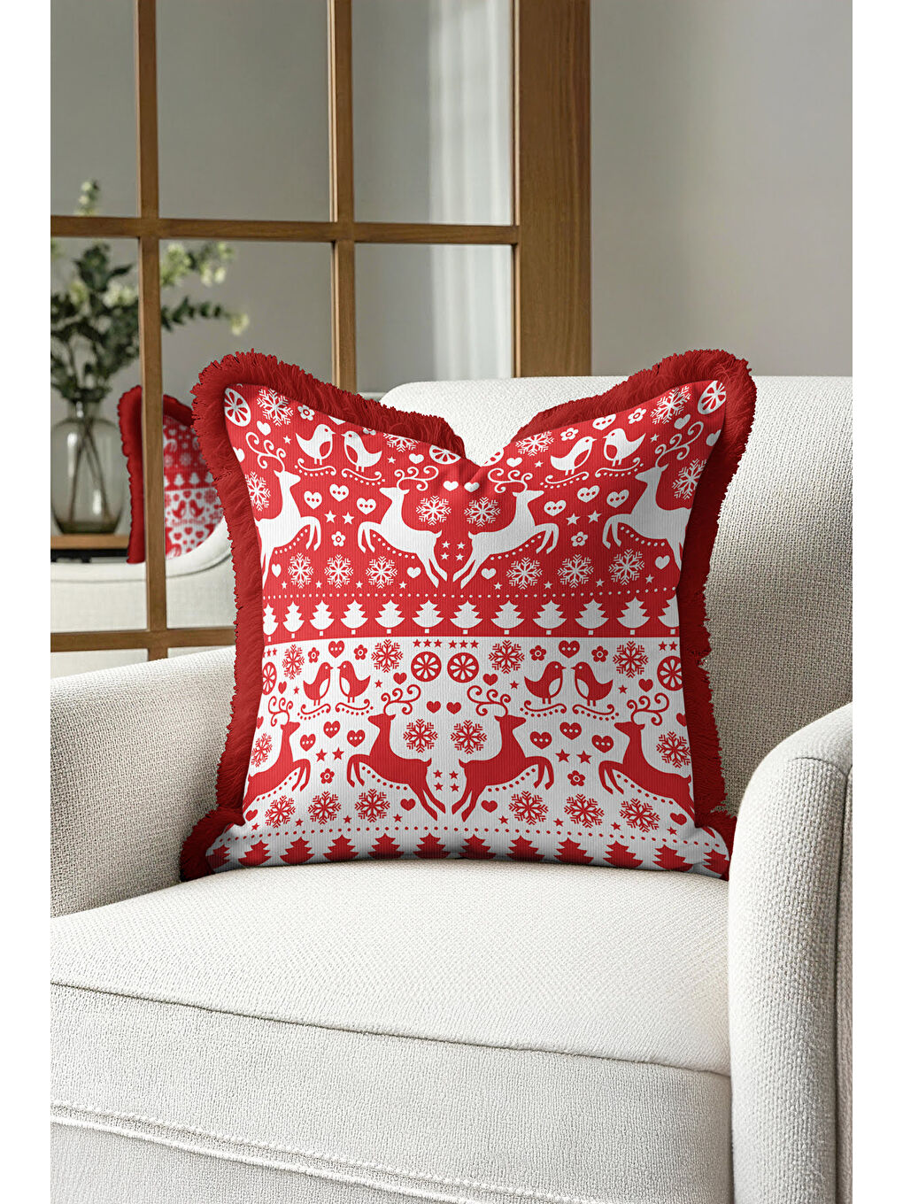 Karışık Nordik Kış Motifli Saçaklı Yastık Kılıfı - Yeni Yıl Temalı Kırmızı Beyaz Püsküllü Kırlent Kılıfı-4