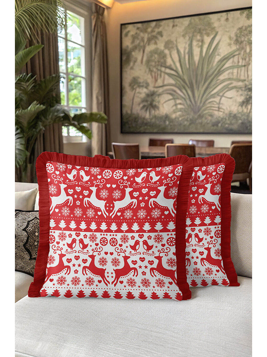 Karışık Nordik Kış Motifli Saçaklı Yastık Kılıfı - Yeni Yıl Temalı Kırmızı Beyaz Püsküllü Kırlent Kılıfı-5