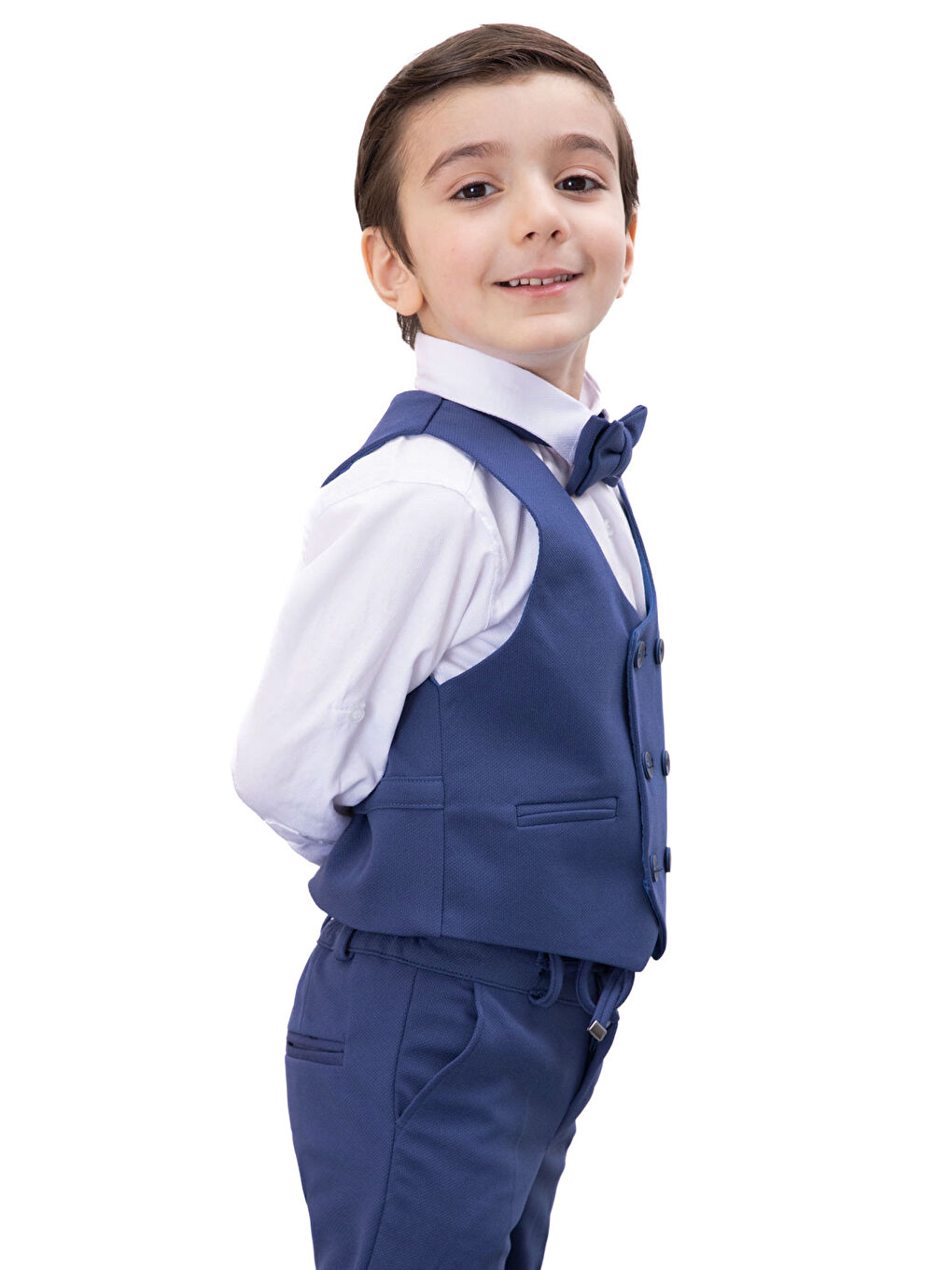 Mavi Düğmeli Yelekli Papyonlu Gömlekli Erkek Çocuk 4lü Takım Elbise 20546-2