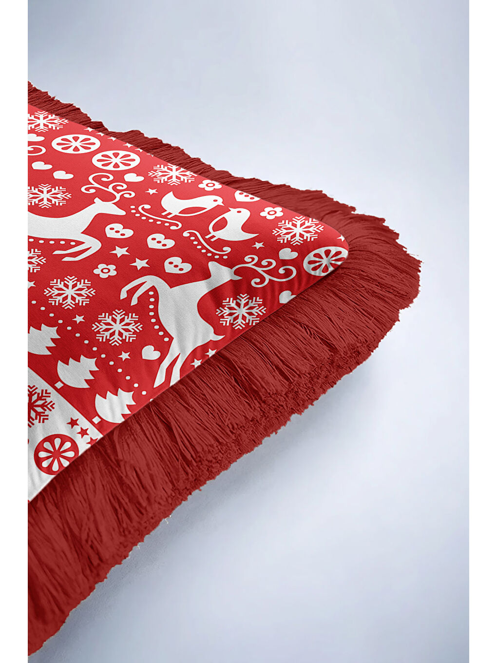 Karışık Nordik Kış Motifli Saçaklı Yastık Kılıfı - Yeni Yıl Temalı Kırmızı Beyaz Püsküllü Kırlent Kılıfı-6
