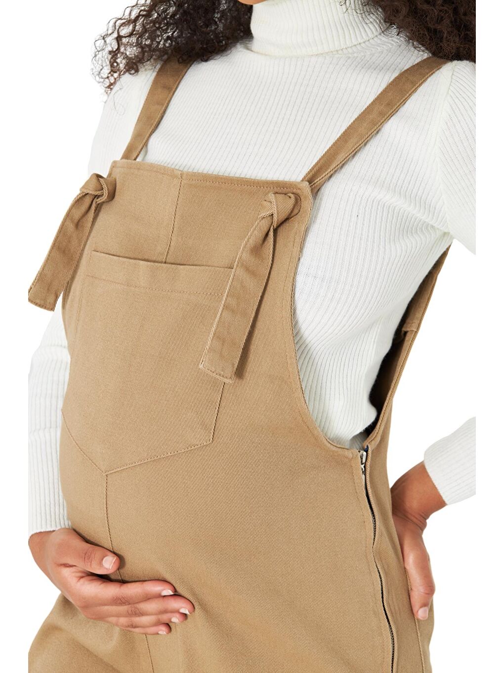 Bej Yandan Fermuarlı Kadın Denim Hamile Salopet