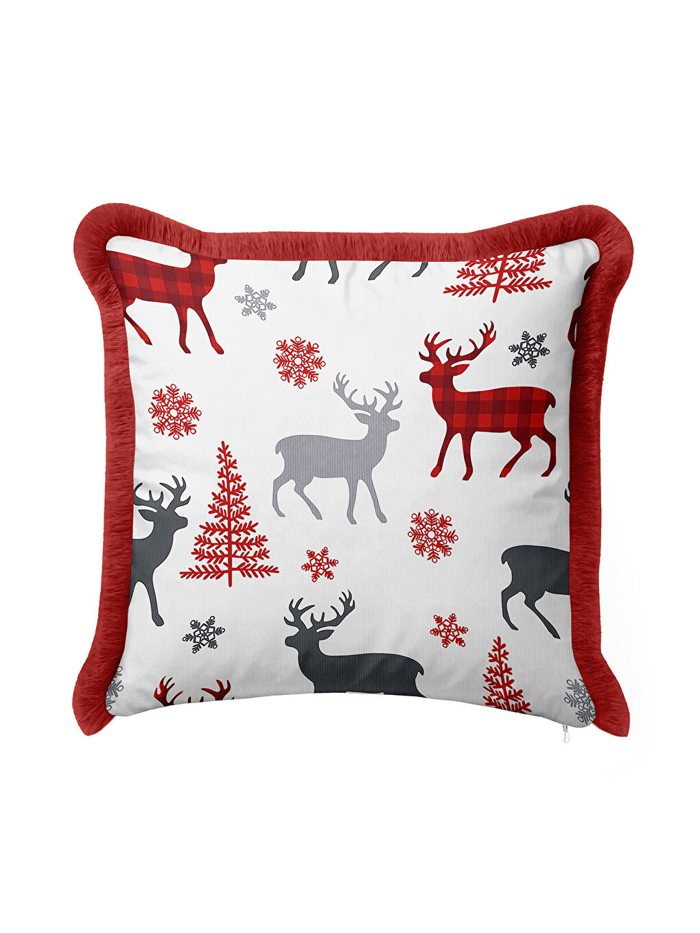 Karışık Kış Temalı Geyikli Saçaklı Yastık Kılıfı - Nordic Rustik Kırmızı Gri Püsküllü Kırlent Kılıfı-1