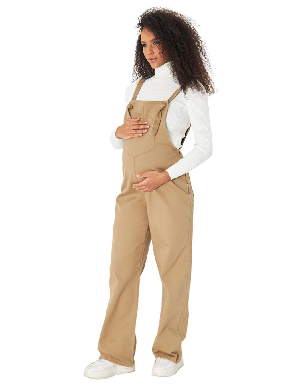 Bej Yandan Fermuarlı Kadın Denim Hamile Salopet-3