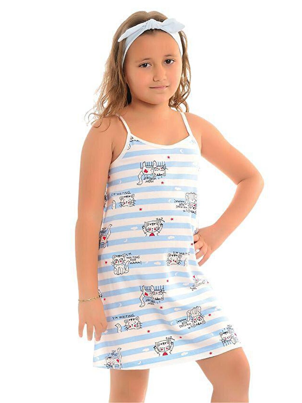 Mavi Pamuklu İnce Askılı Desenli Kız Çocuk Tunik