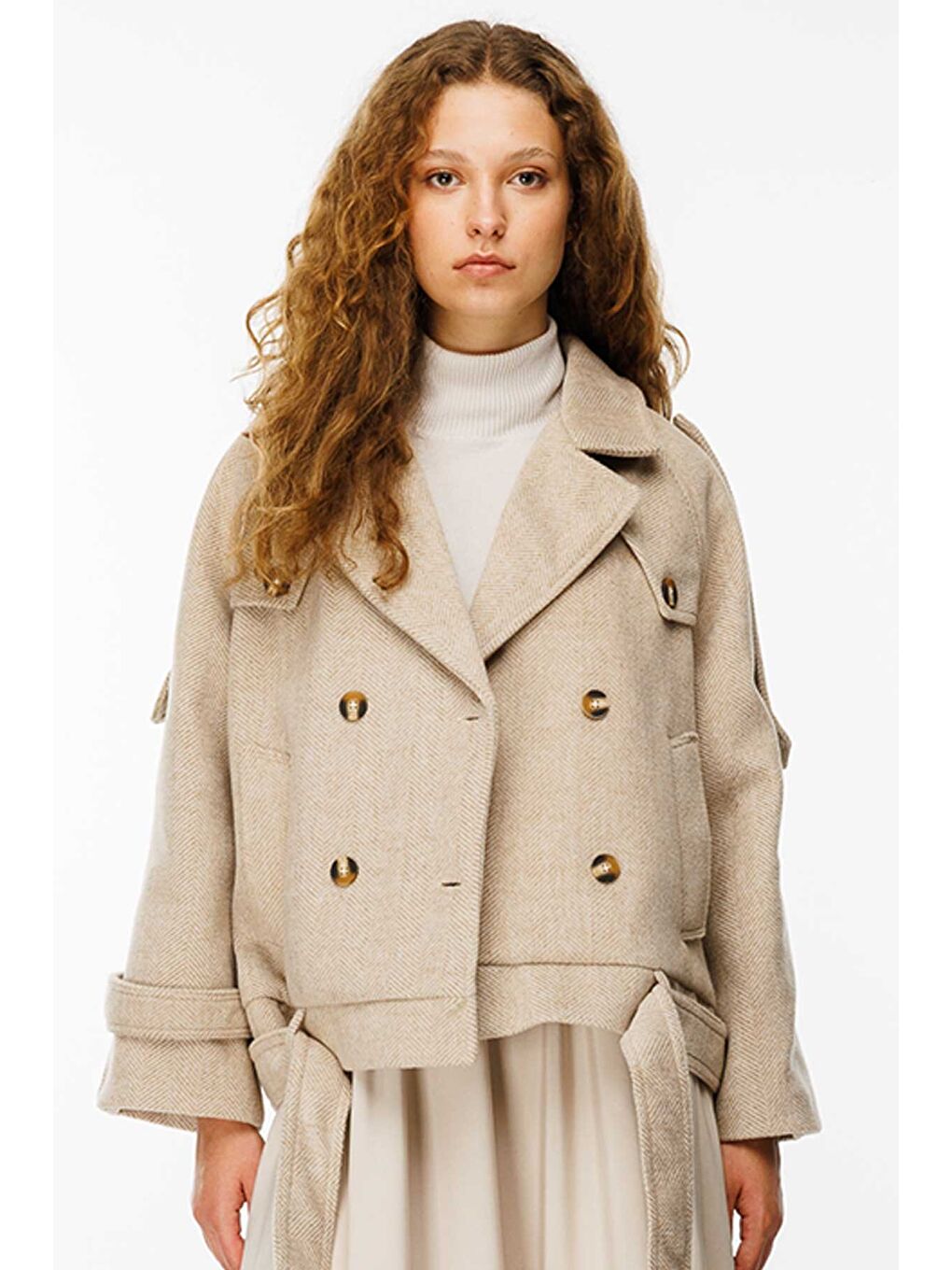 Bej Isabel Kısa Taş Kaşe Kaban-2