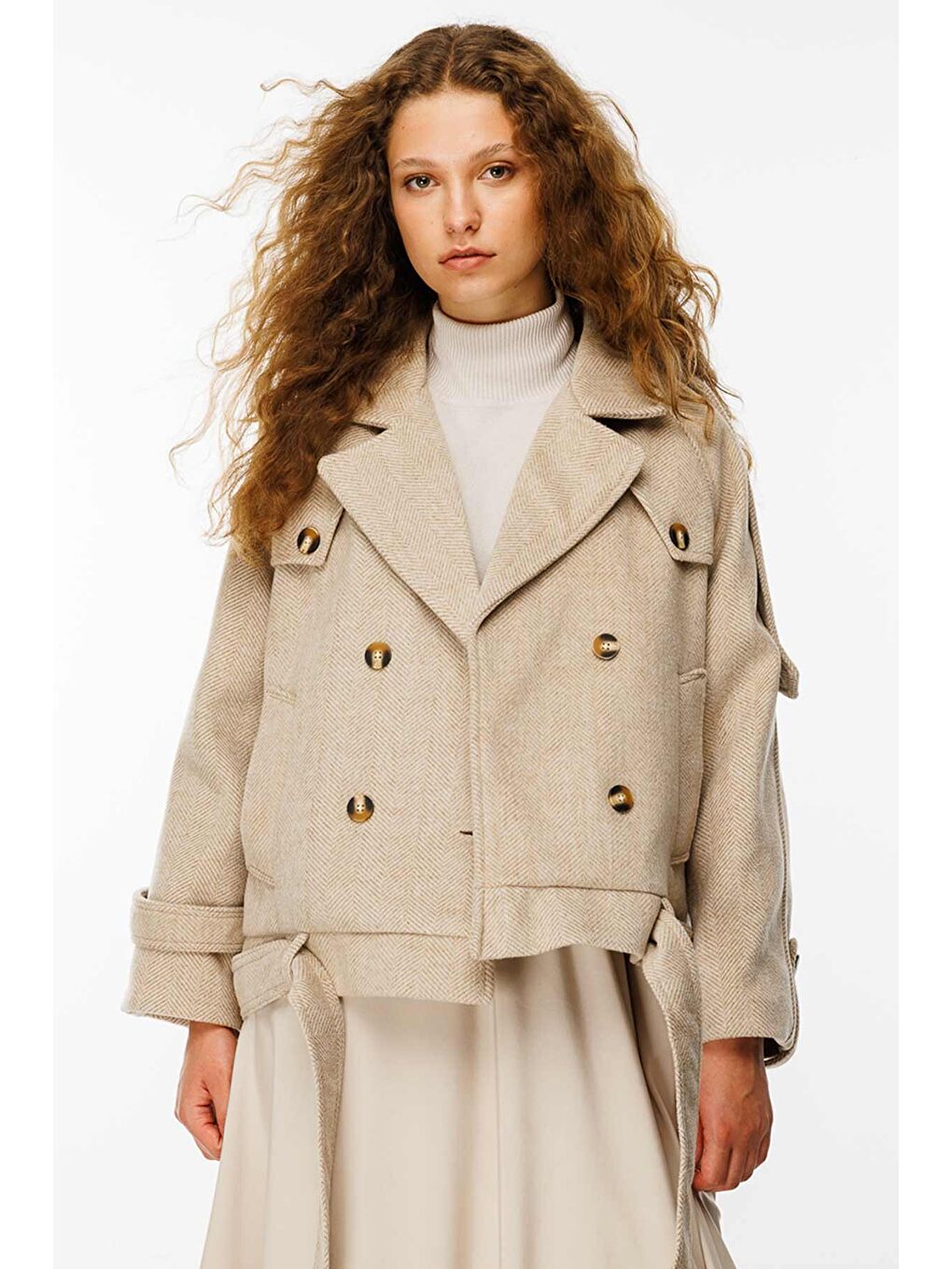 Bej Isabel Kısa Taş Kaşe Kaban-4