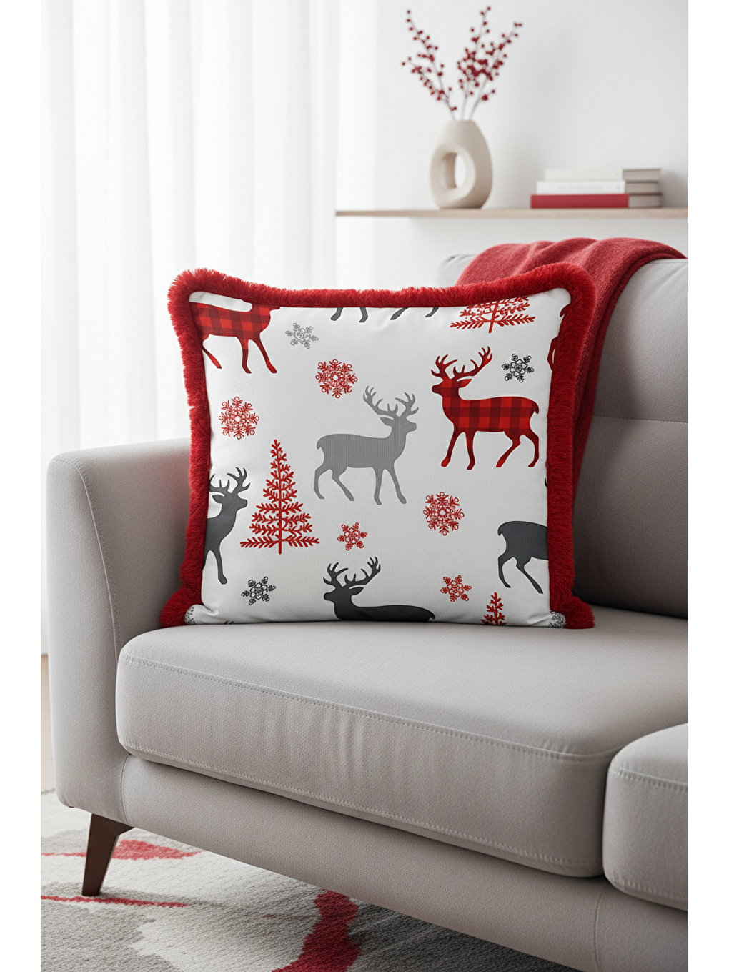 Karışık Kış Temalı Geyikli Saçaklı Yastık Kılıfı - Nordic Rustik Kırmızı Gri Püsküllü Kırlent Kılıfı-4