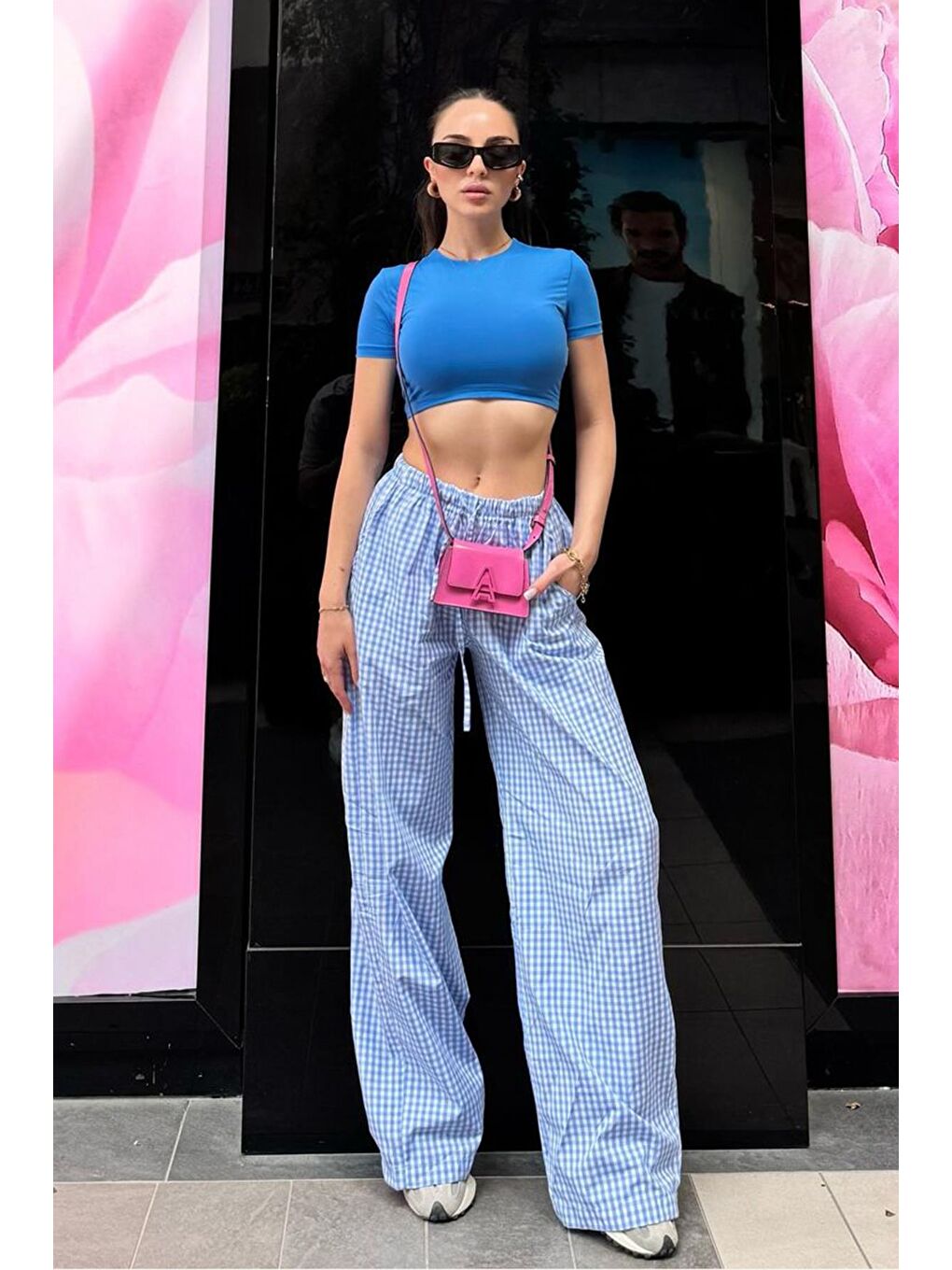 Mavi Beli Ayarlanabilir Ekoseli Bol Paça Kadın Pantolon Mg2335