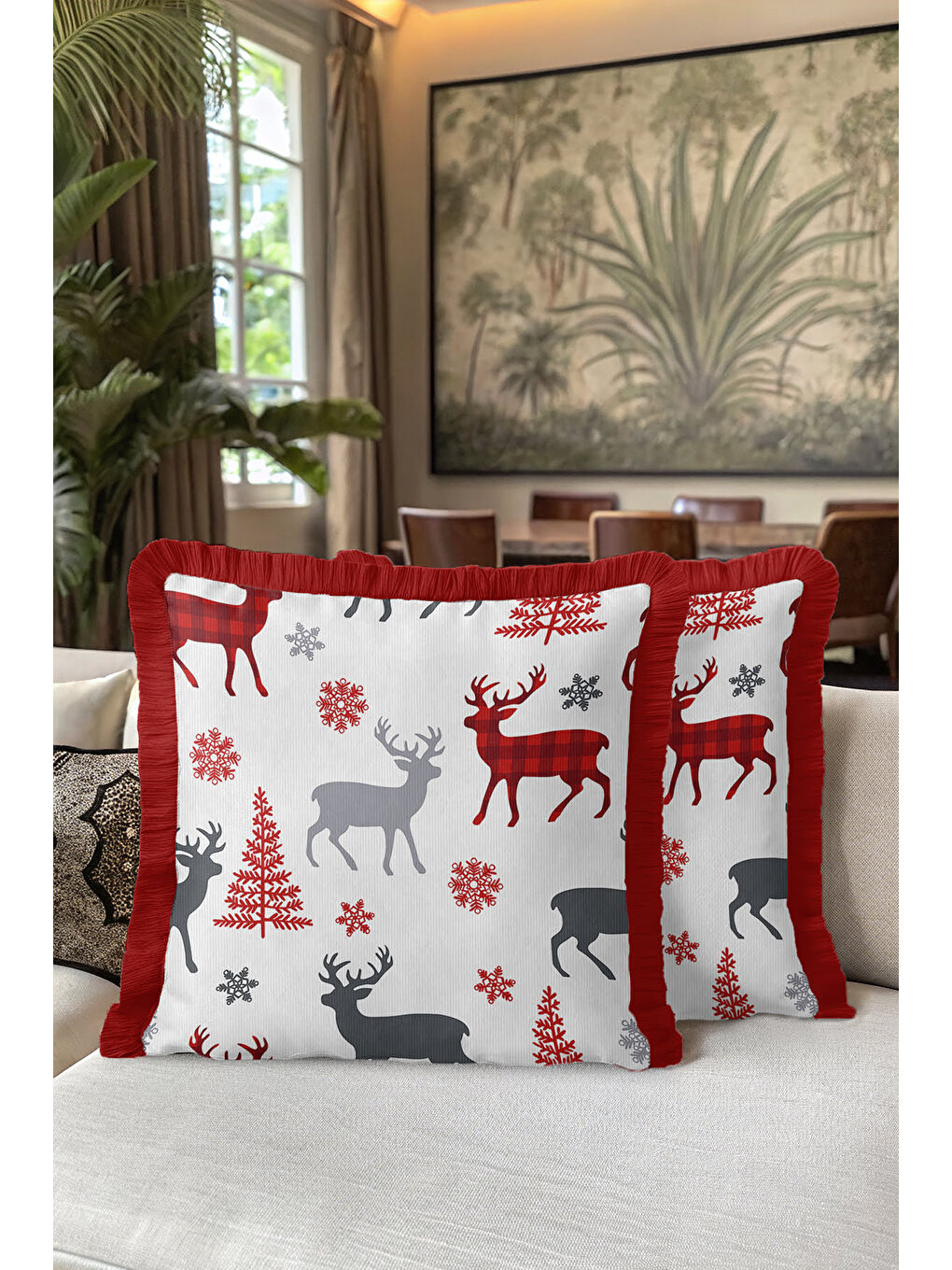 Karışık Kış Temalı Geyikli Saçaklı Yastık Kılıfı - Nordic Rustik Kırmızı Gri Püsküllü Kırlent Kılıfı-5