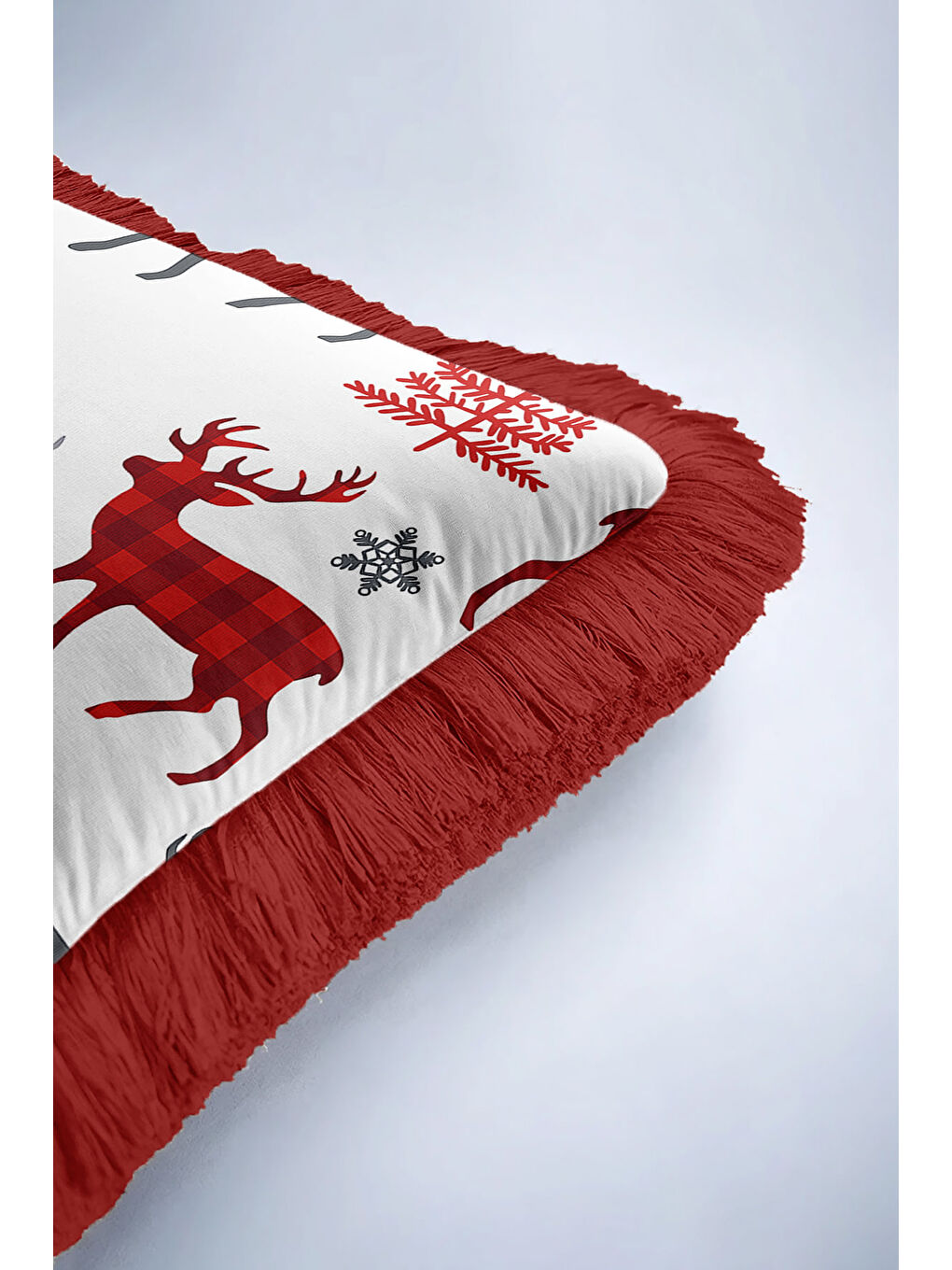 Karışık Kış Temalı Geyikli Saçaklı Yastık Kılıfı - Nordic Rustik Kırmızı Gri Püsküllü Kırlent Kılıfı-6