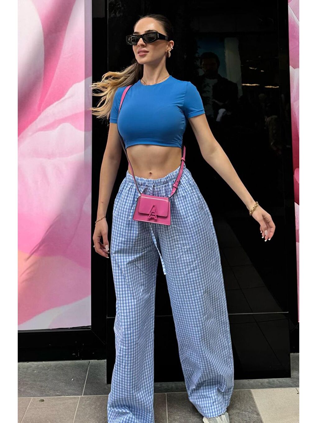 Mavi Beli Ayarlanabilir Ekoseli Bol Paça Kadın Pantolon Mg2335-2