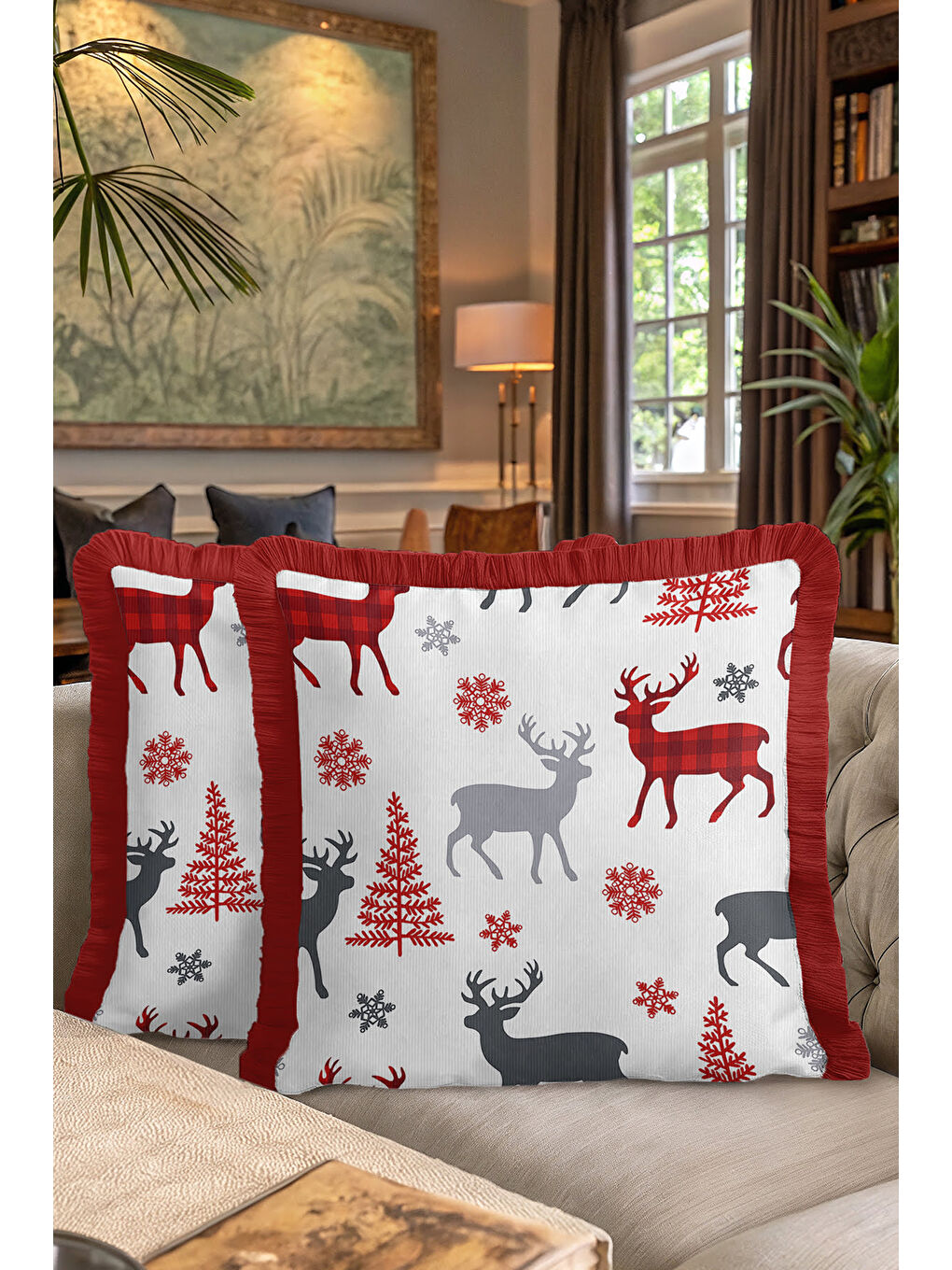 Karışık Kış Temalı Geyikli Saçaklı Yastık Kılıfı - Nordic Rustik Kırmızı Gri Püsküllü Kırlent Kılıfı-7