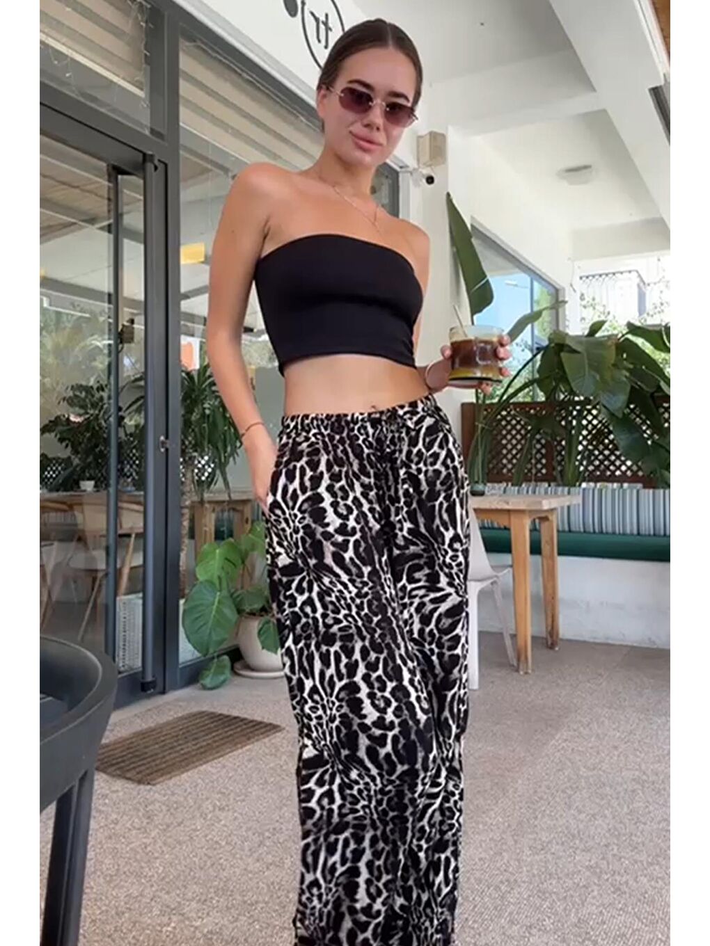 Ekru Krem Ayarlanabilir Bel Leopar Desenli Bol Paça Pantolon Mg2095-1