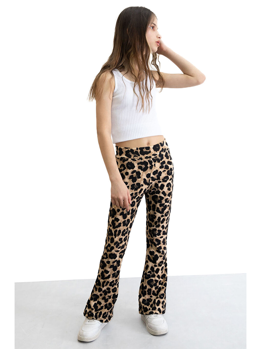 Kahverengi Kahve Leopar Desenli İspanyol Paça Kız Çocuk Fitilli Tayt 20772-4