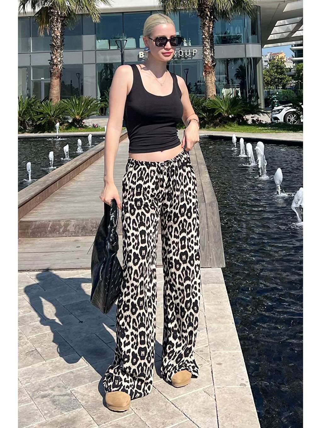 Ekru Krem Ayarlanabilir Bel Leopar Desenli Bol Paça Pantolon Mg2095-2