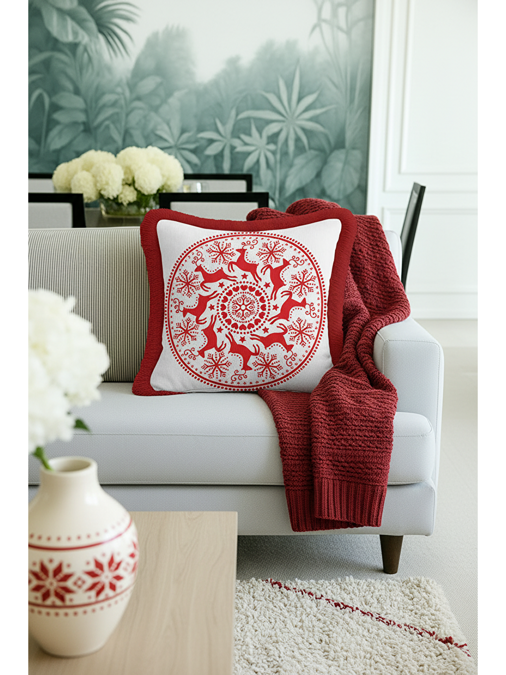 Karışık Nordik Geyik Motifli Saçaklı Yastık Kılıfı - Kış Temalı Bohem Kırmızı Beyaz Püsküllü Kırlent Kılıfı