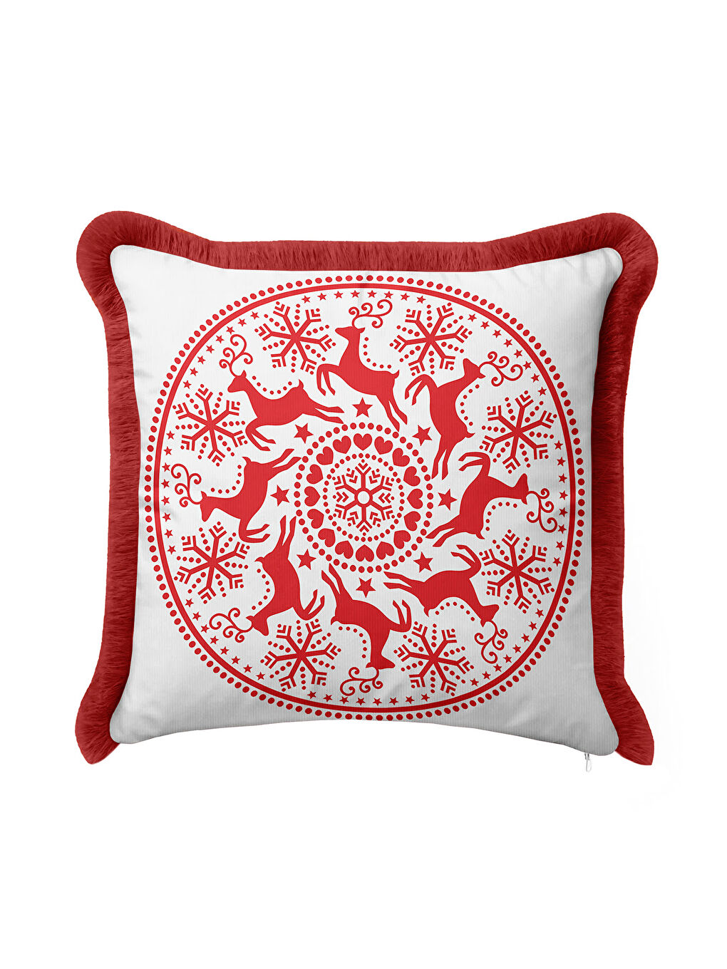 Karışık Nordik Geyik Motifli Saçaklı Yastık Kılıfı - Kış Temalı Bohem Kırmızı Beyaz Püsküllü Kırlent Kılıfı-1