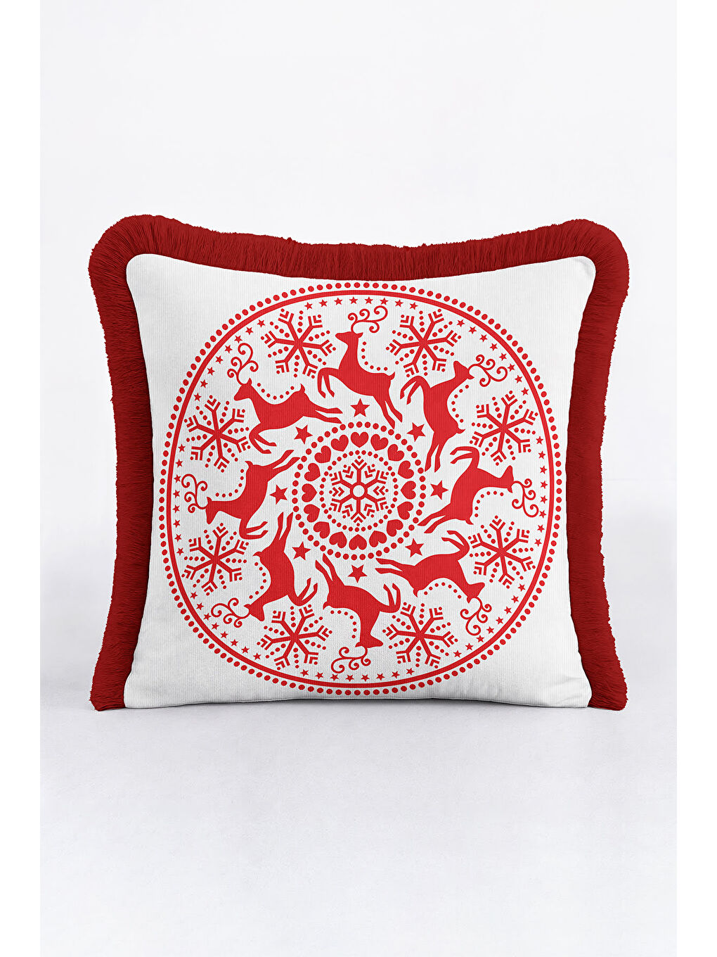 Karışık Nordik Geyik Motifli Saçaklı Yastık Kılıfı - Kış Temalı Bohem Kırmızı Beyaz Püsküllü Kırlent Kılıfı-2