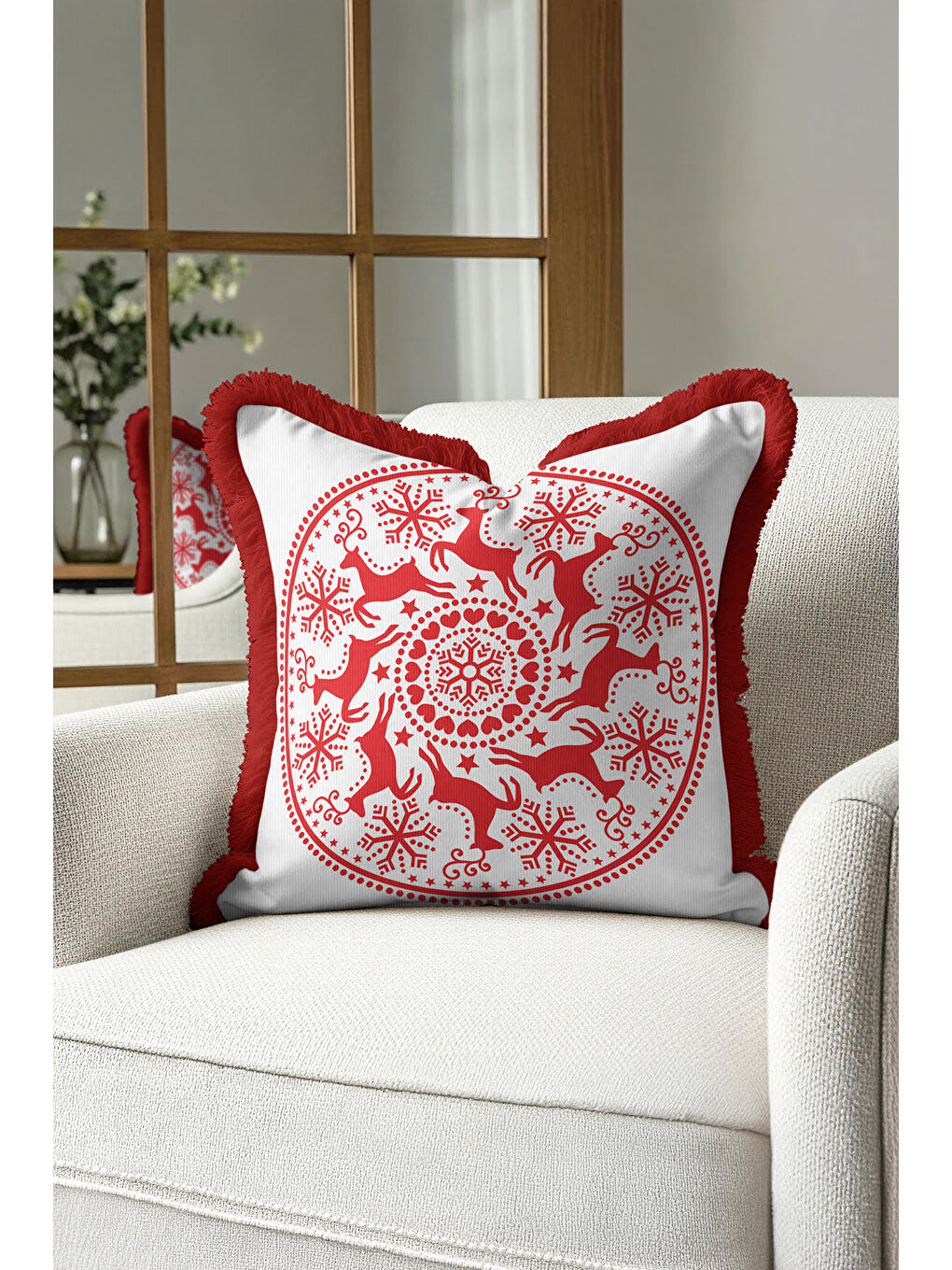 Karışık Nordik Geyik Motifli Saçaklı Yastık Kılıfı - Kış Temalı Bohem Kırmızı Beyaz Püsküllü Kırlent Kılıfı-3
