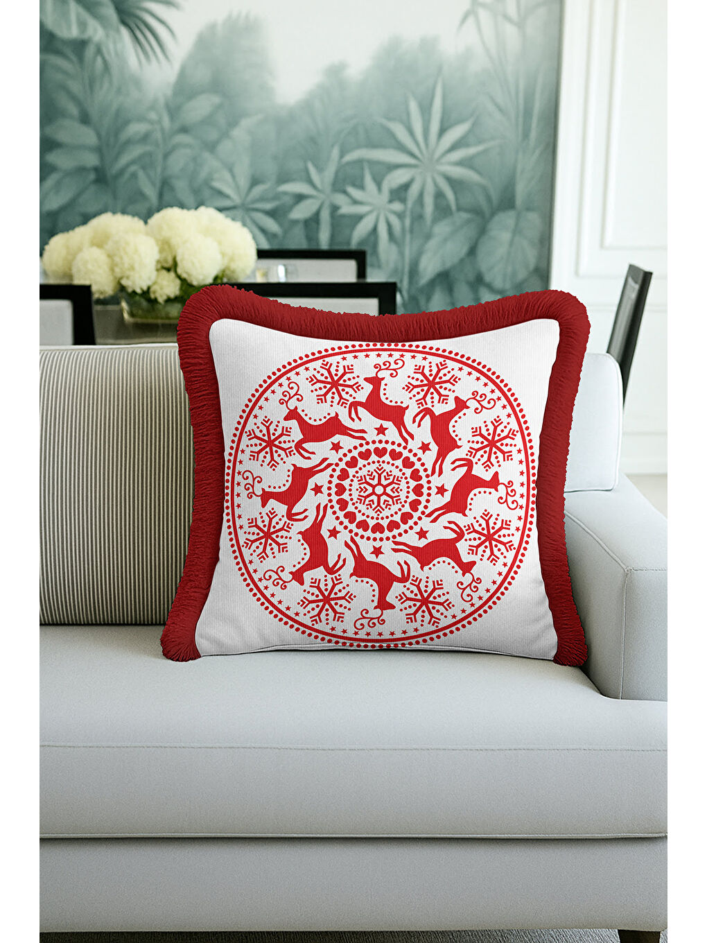 Karışık Nordik Geyik Motifli Saçaklı Yastık Kılıfı - Kış Temalı Bohem Kırmızı Beyaz Püsküllü Kırlent Kılıfı-4