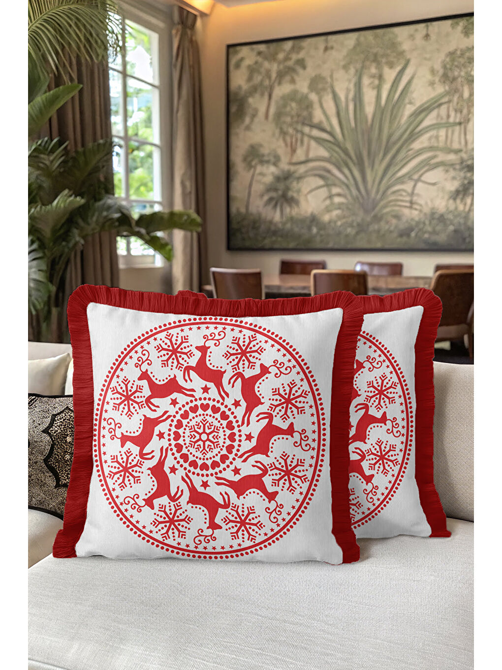 Karışık Nordik Geyik Motifli Saçaklı Yastık Kılıfı - Kış Temalı Bohem Kırmızı Beyaz Püsküllü Kırlent Kılıfı-5