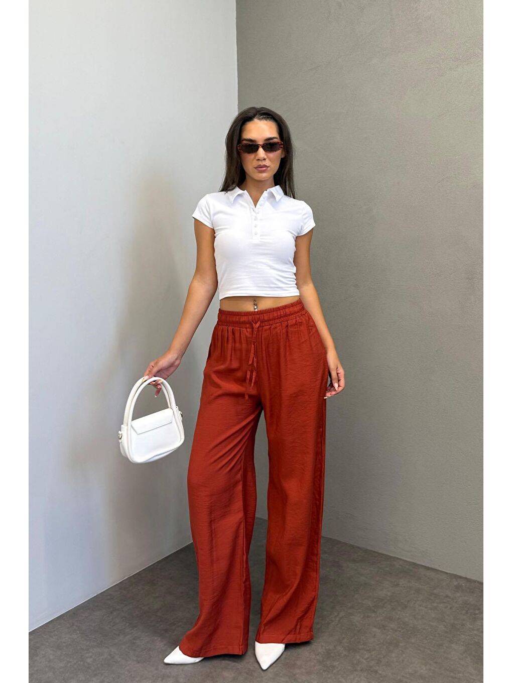 Kahverengi Kiremit Geniş Paça Kadın Pantolon Mg1982-1