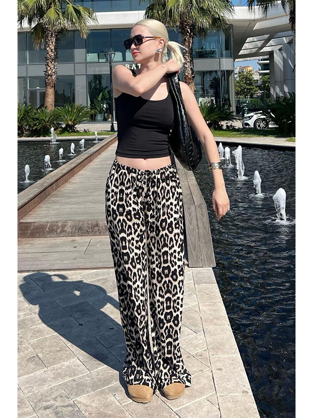 Ekru Krem Ayarlanabilir Bel Leopar Desenli Bol Paça Pantolon Mg2095-6