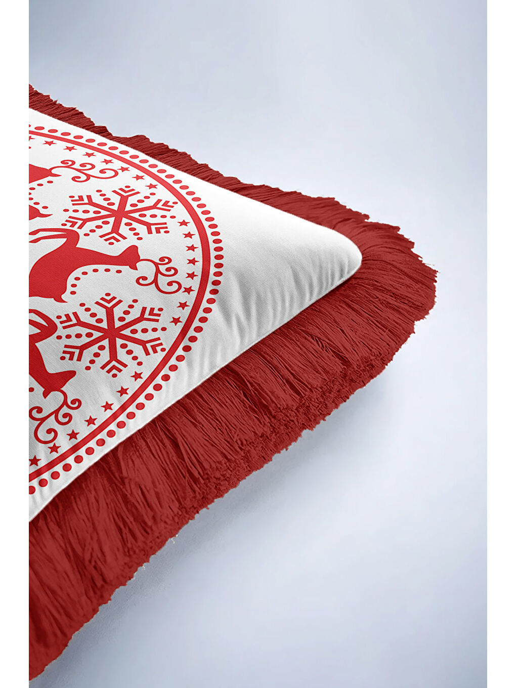 Karışık Nordik Geyik Motifli Saçaklı Yastık Kılıfı - Kış Temalı Bohem Kırmızı Beyaz Püsküllü Kırlent Kılıfı-6