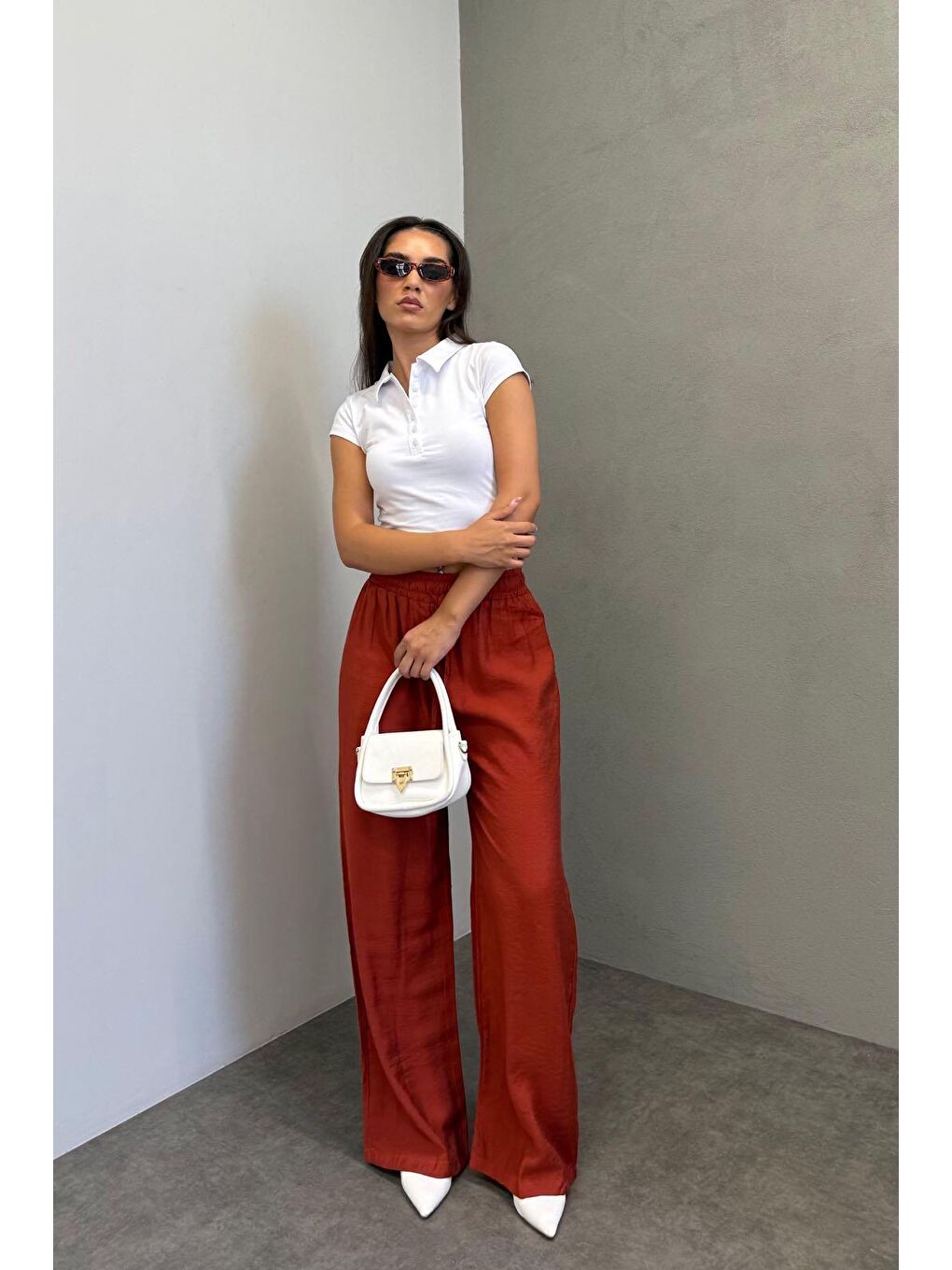 Kahverengi Kiremit Geniş Paça Kadın Pantolon Mg1982-2