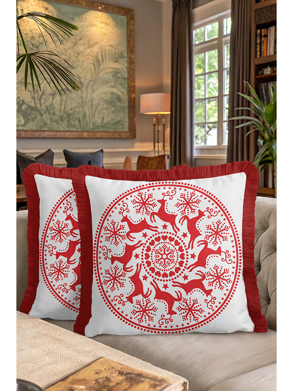 Karışık Nordik Geyik Motifli Saçaklı Yastık Kılıfı - Kış Temalı Bohem Kırmızı Beyaz Püsküllü Kırlent Kılıfı-7