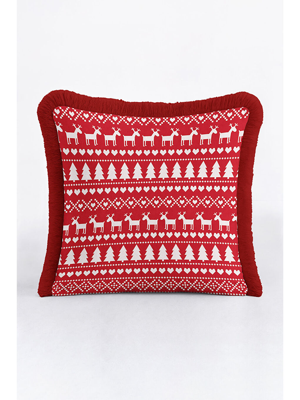 Karışık Nordik Geyik Noel Temalı Saçaklı Yastık Kılıfı - Kış Rustik Kırmızı Ekru Püsküllü Kırlent Kılıfı