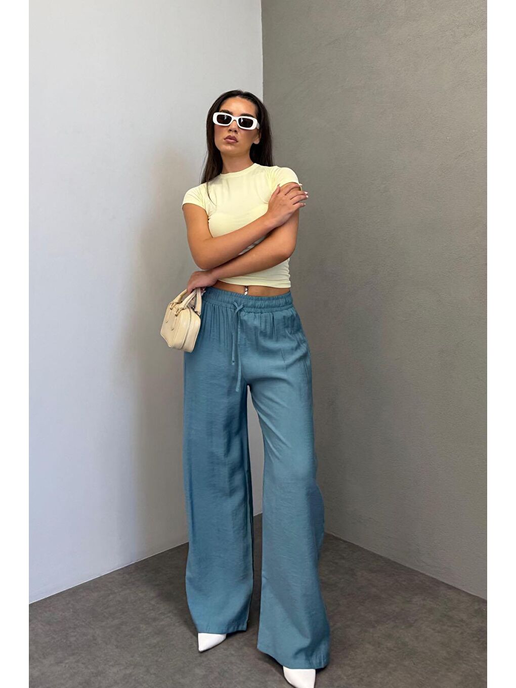 Petrol Mavisi Geniş Paça Kadın Pantolon Mg1982-1