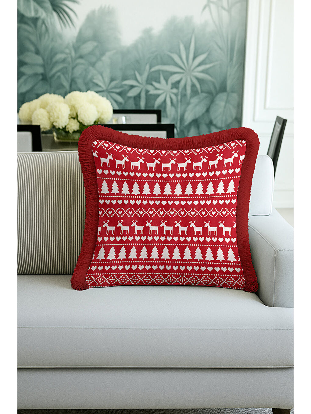 Karışık Nordik Geyik Noel Temalı Saçaklı Yastık Kılıfı - Kış Rustik Kırmızı Ekru Püsküllü Kırlent Kılıfı-2