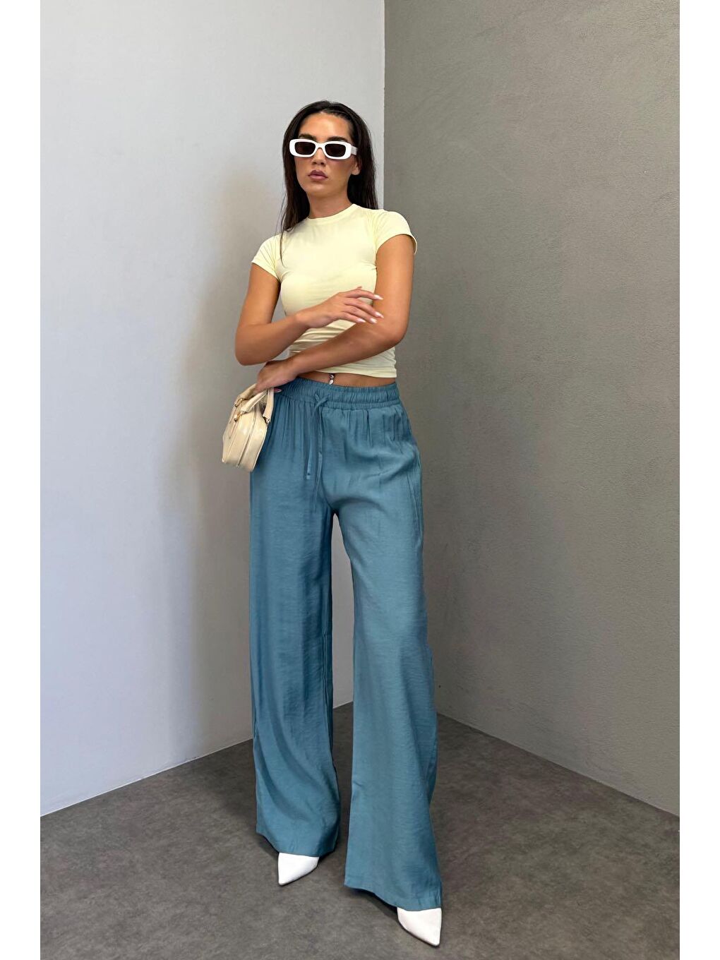 Petrol Mavisi Geniş Paça Kadın Pantolon Mg1982-2