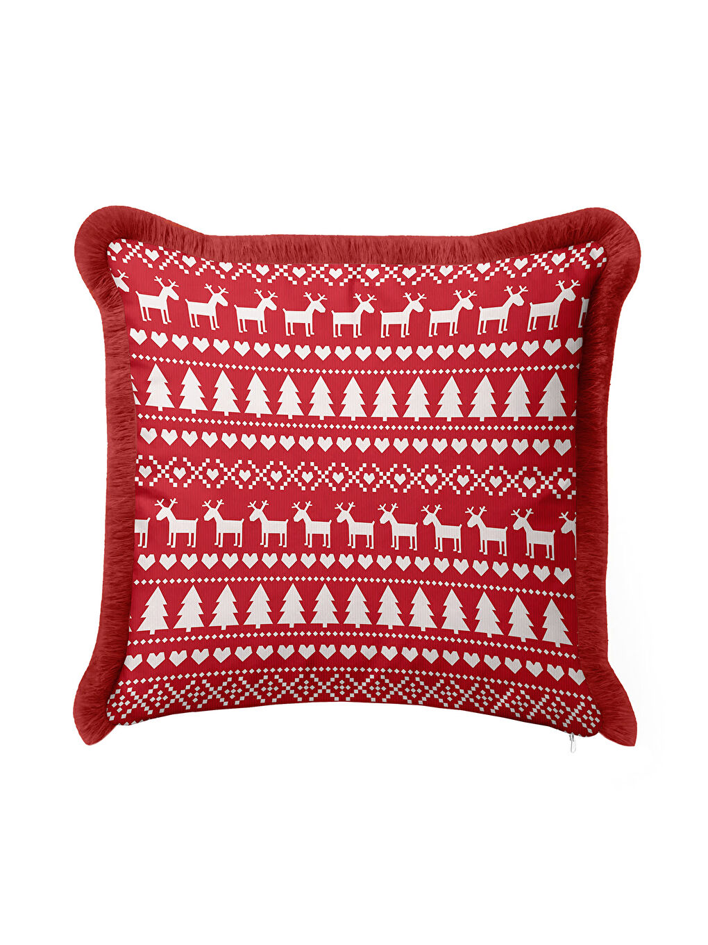 Karışık Nordik Geyik Noel Temalı Saçaklı Yastık Kılıfı - Kış Rustik Kırmızı Ekru Püsküllü Kırlent Kılıfı-3