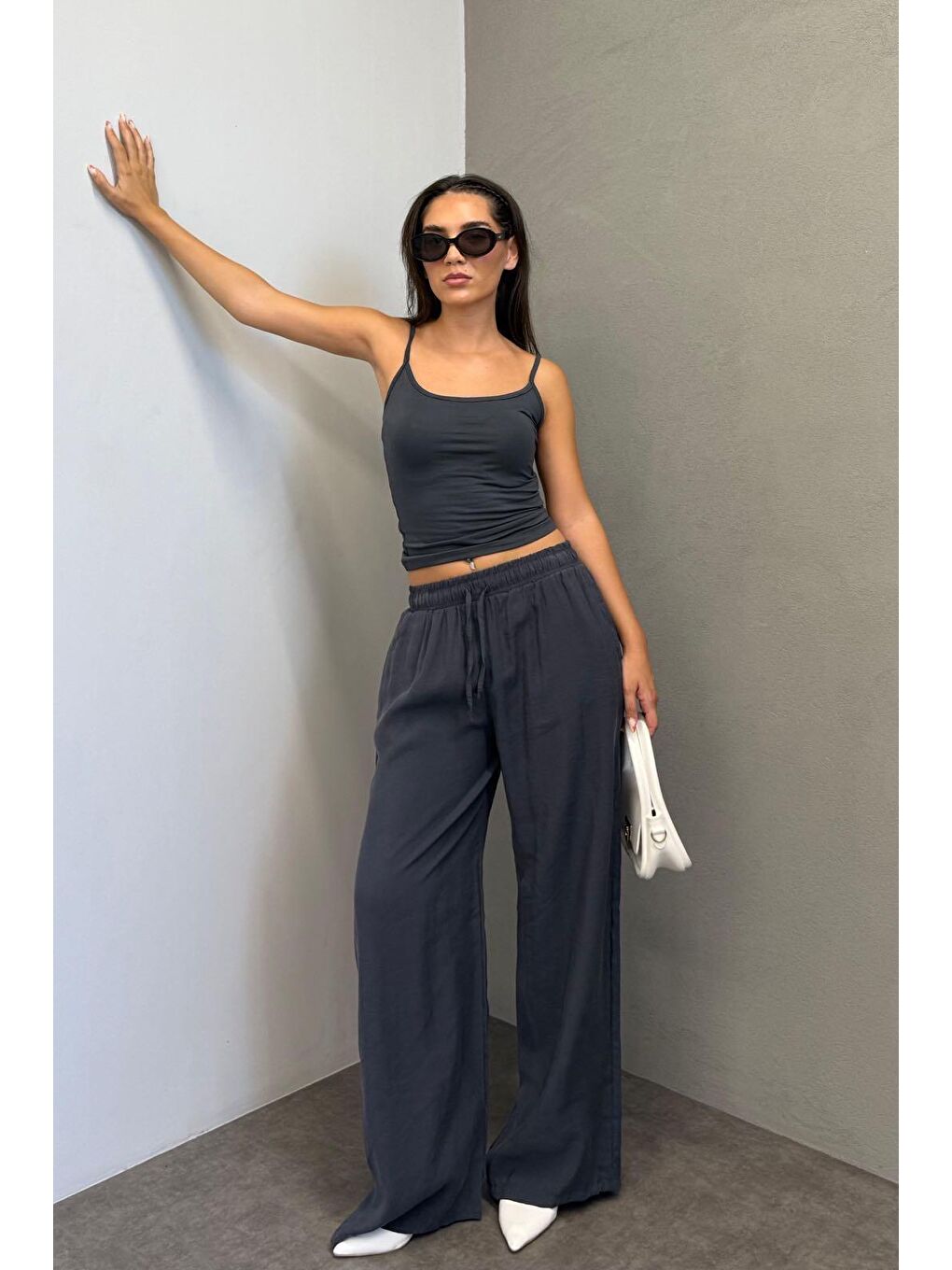 Antrasit Geniş Paça Kadın Pantolon Mg1982-1