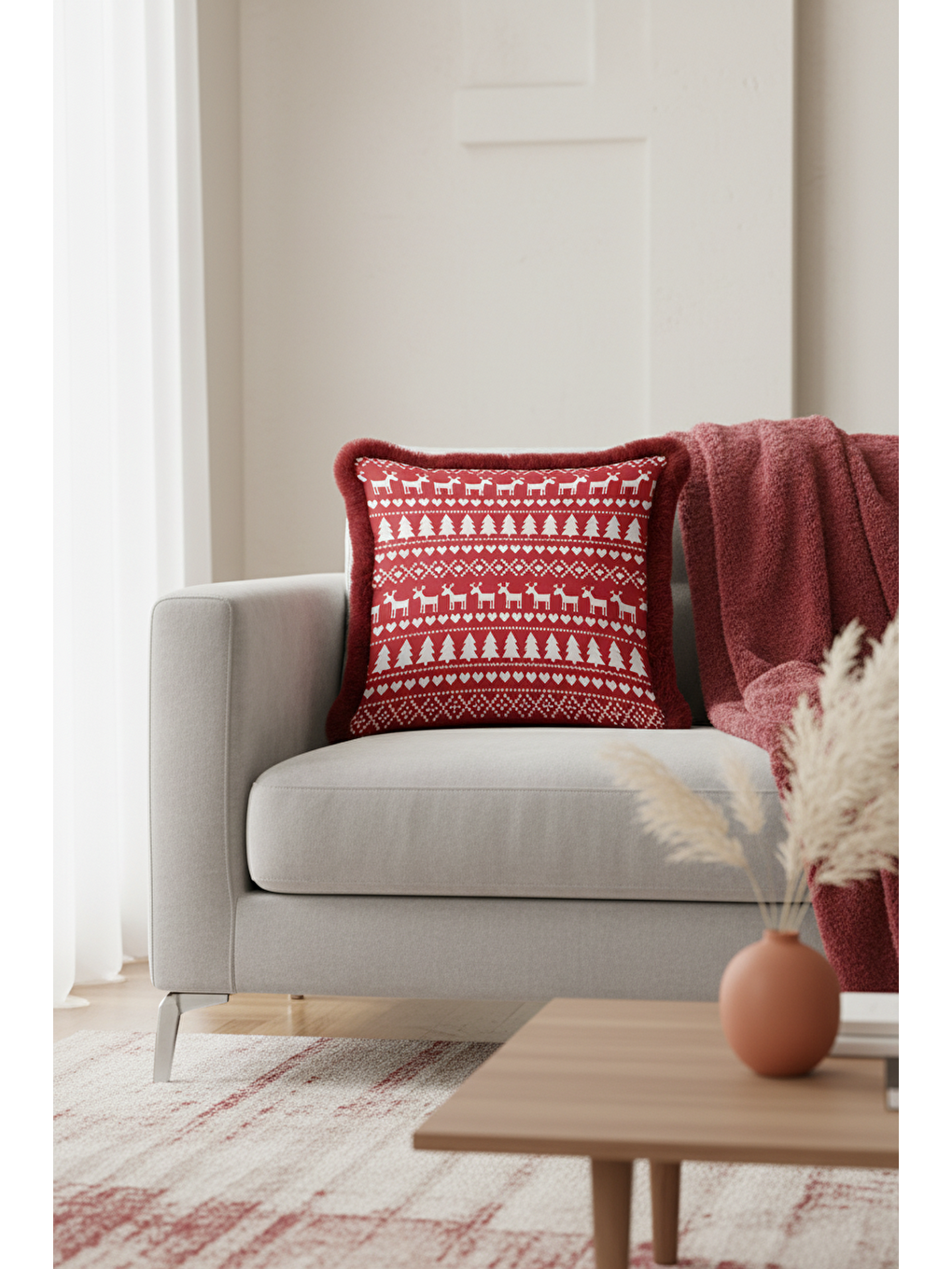 Karışık Nordik Geyik Noel Temalı Saçaklı Yastık Kılıfı - Kış Rustik Kırmızı Ekru Püsküllü Kırlent Kılıfı-4