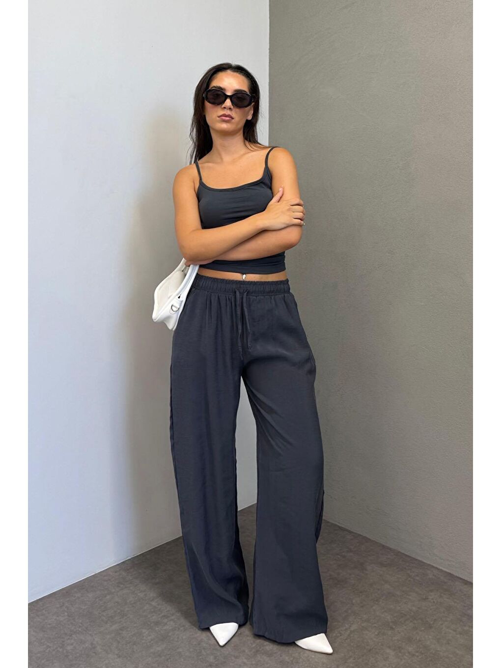 Antrasit Geniş Paça Kadın Pantolon Mg1982-2