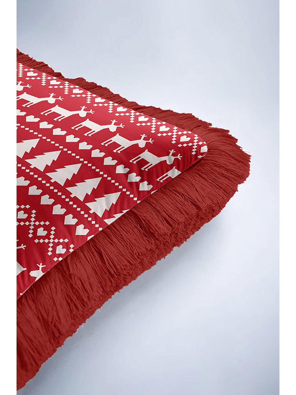 Karışık Nordik Geyik Noel Temalı Saçaklı Yastık Kılıfı - Kış Rustik Kırmızı Ekru Püsküllü Kırlent Kılıfı-6