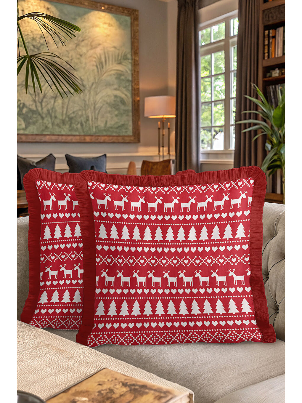 Karışık Nordik Geyik Noel Temalı Saçaklı Yastık Kılıfı - Kış Rustik Kırmızı Ekru Püsküllü Kırlent Kılıfı-7