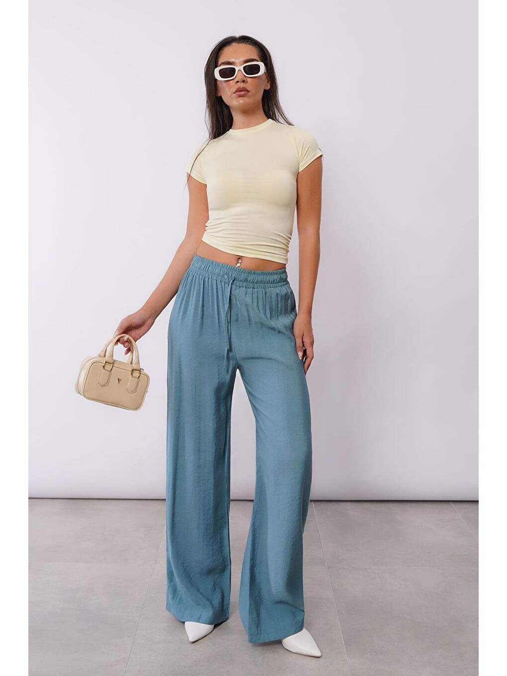 Petrol Mavisi Geniş Paça Kadın Pantolon Mg1982-6