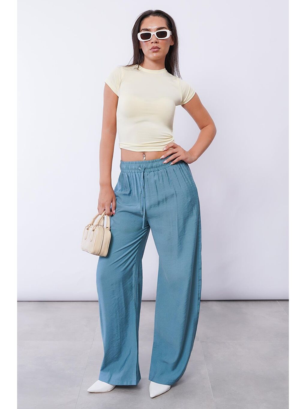 Petrol Mavisi Geniş Paça Kadın Pantolon Mg1982-7