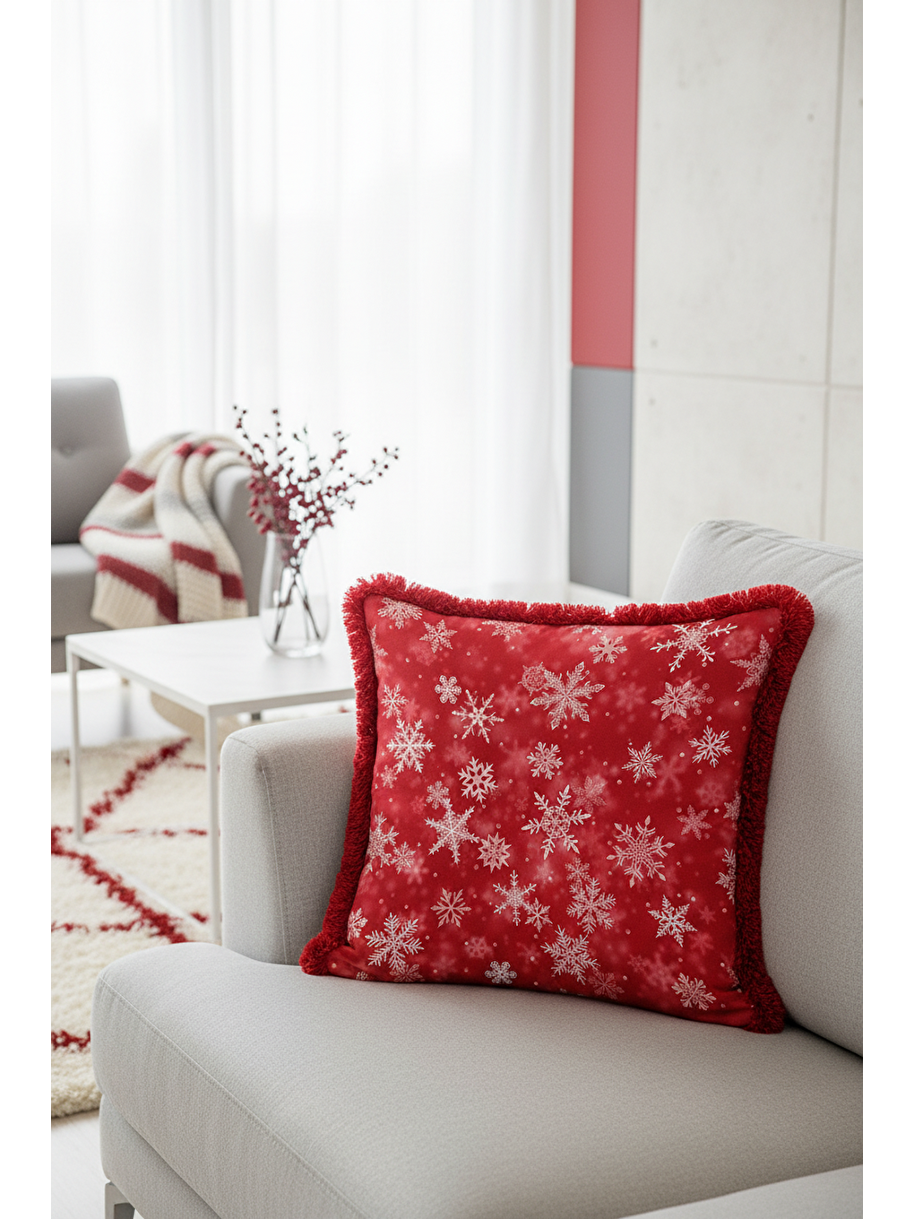Karışık Lüks Kar Tanesi Saçaklı Yastık Kılıfı - Kış Temalı Modern Kırmızı Beyaz Püsküllü Kırlent Kılıfı-1