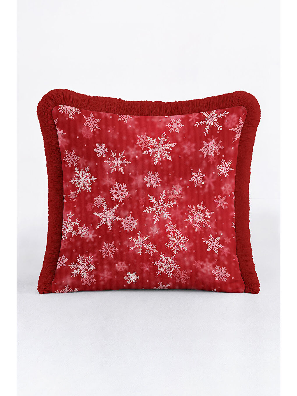 Karışık Lüks Kar Tanesi Saçaklı Yastık Kılıfı - Kış Temalı Modern Kırmızı Beyaz Püsküllü Kırlent Kılıfı-3