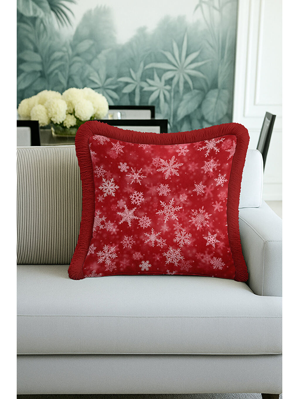Karışık Lüks Kar Tanesi Saçaklı Yastık Kılıfı - Kış Temalı Modern Kırmızı Beyaz Püsküllü Kırlent Kılıfı-4